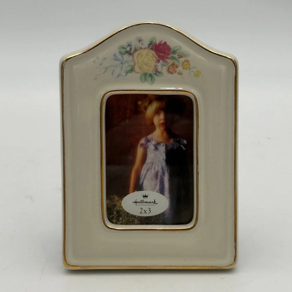 Hallmark Floral Ceramic Picture Frame Gold Trim 2x3 Tabletop Porcelain Cream